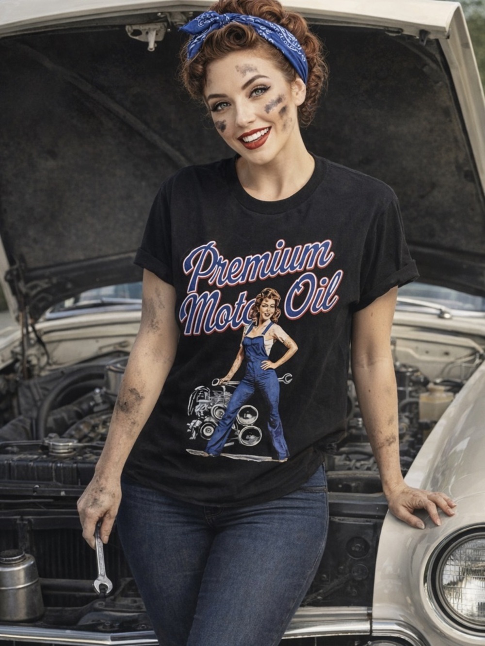 Vintage Style Premium Motor Oil Graphic Tee Black Sz L Retro Pin Up Car Shirt